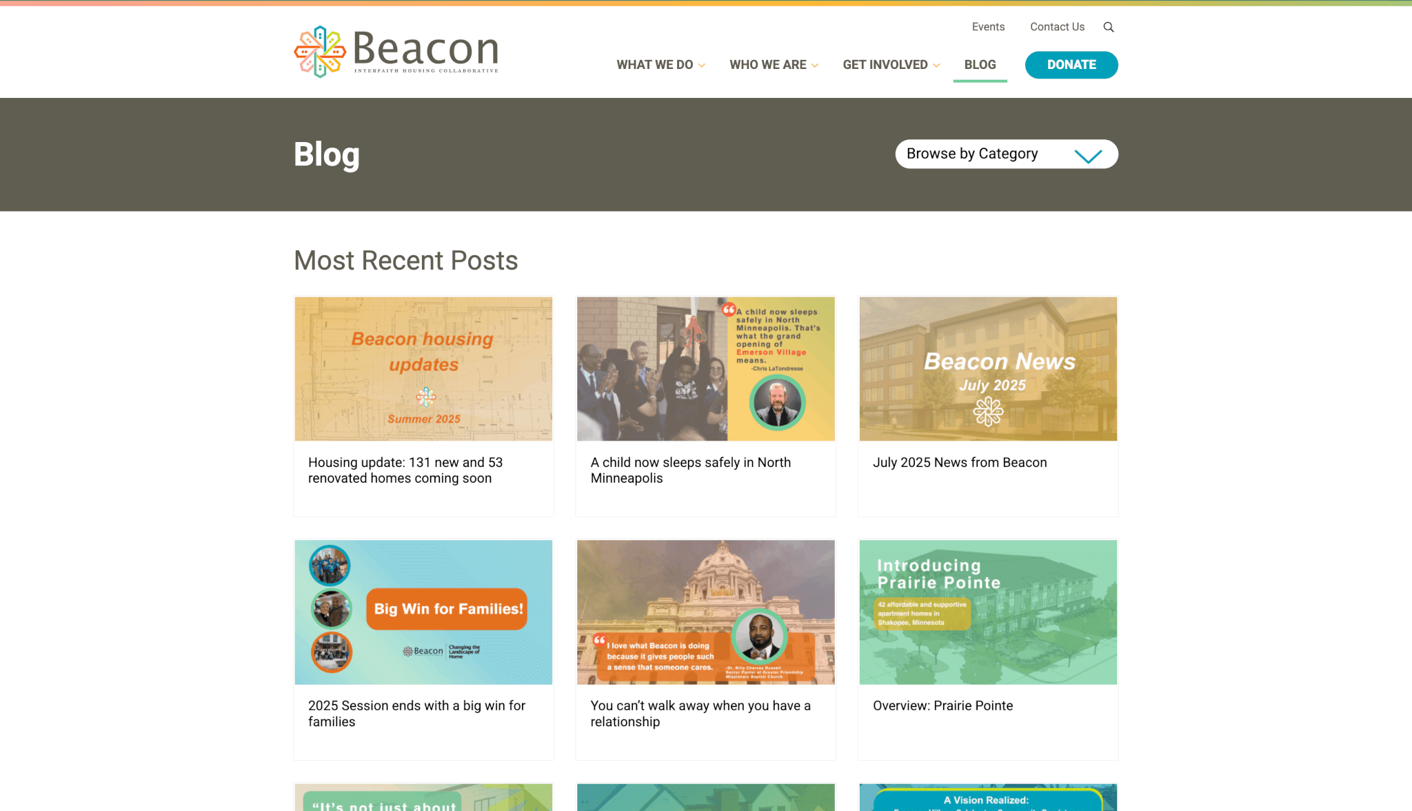 A webpage from Beacon Interfaith Housing Collaborative’s blog section. The header includes the Beacon logo, navigation links (What We Do, Who We Are, Get Involved, Blog), and a blue “Donate” button. The page title reads “Blog” with a dropdown menu labeled “Browse by Category.”
