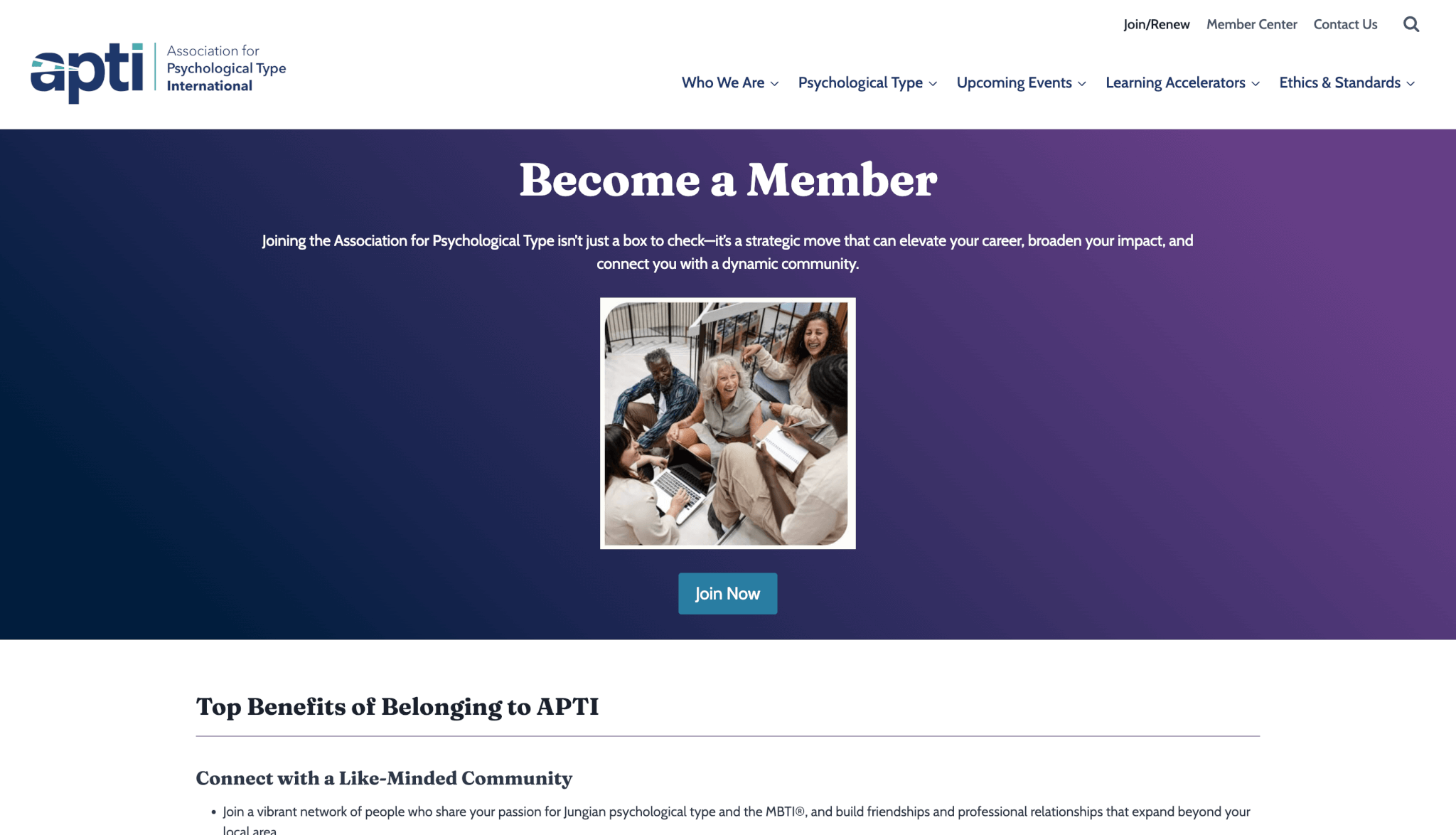 APTI website membership page after ArcStone’s redesign, with a headline 'Become a Member,' a group photo of people sitting and talking, a 'Join Now' button, and a section listing top benefits of belonging to APTI.
