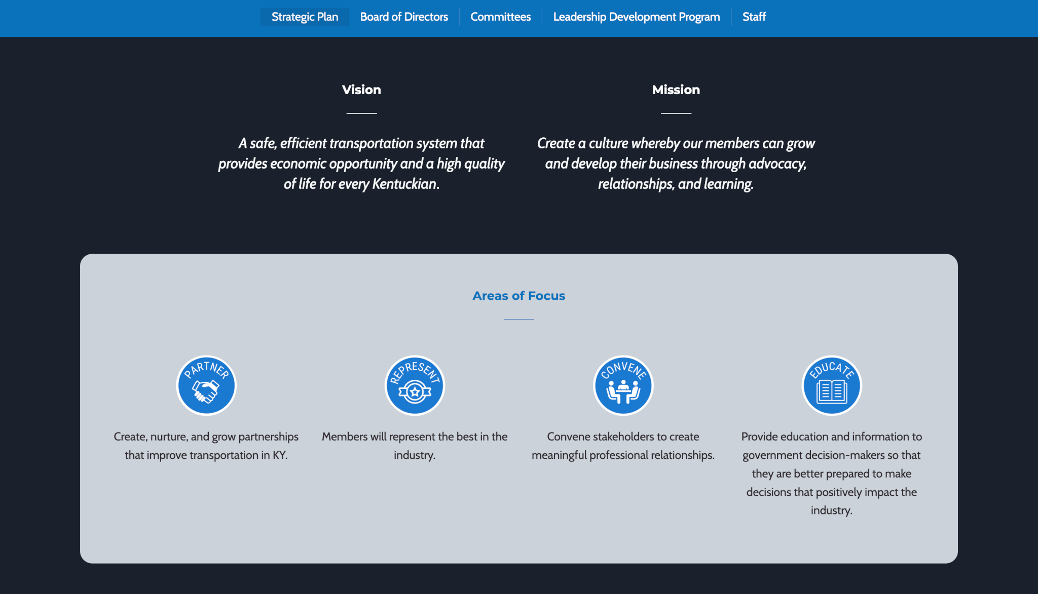ArcStone's redesigned KAHC website section showing Vision, Mission, and four Areas of Focus with icons: Partner, Represent, Convene, Educate.