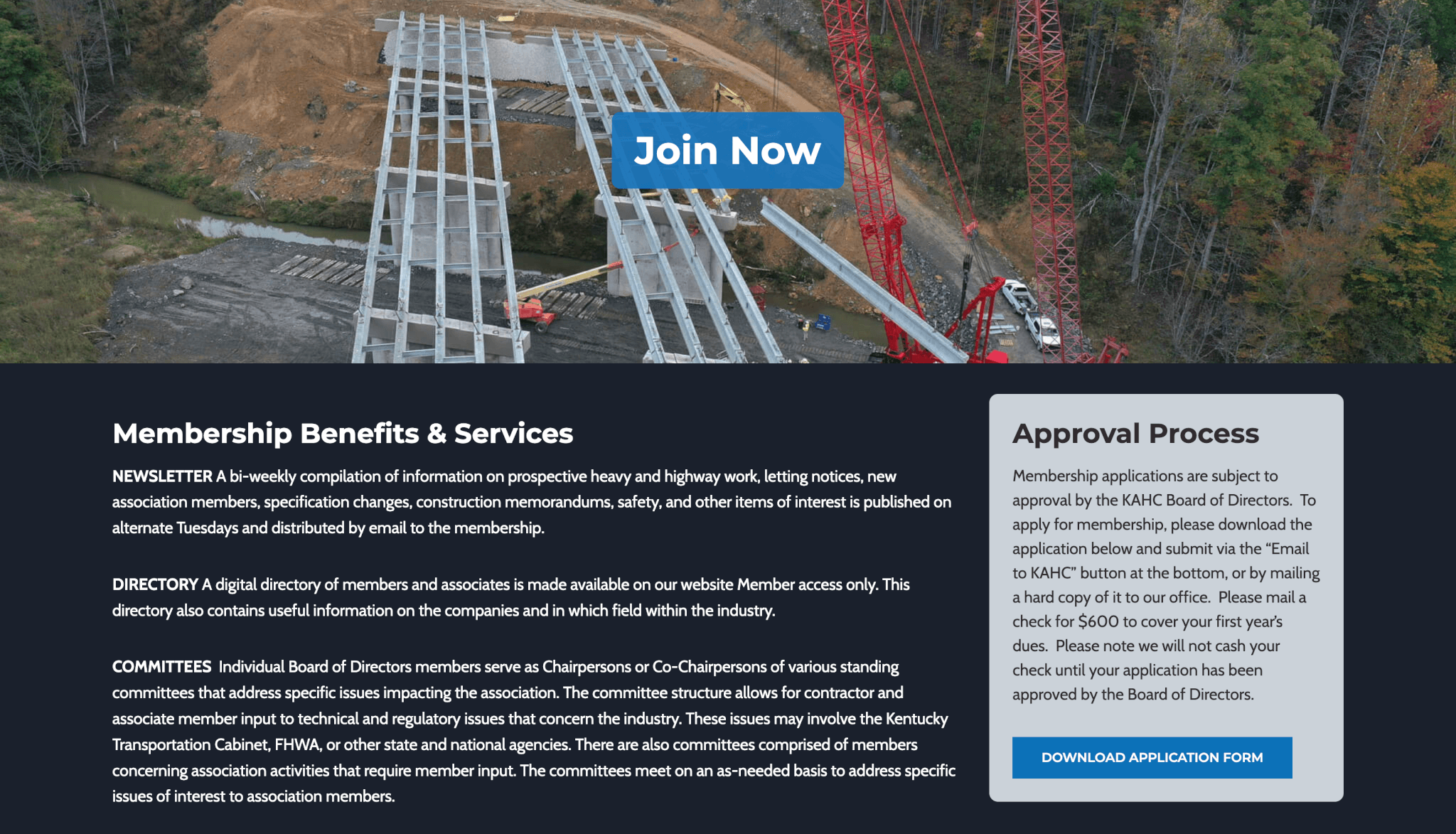 ArcStone's redesigned KAHC website section showing Membership Benefits, Services, and Approval Process with “Join Now” and “Download Application Form” buttons over a bridge construction image.