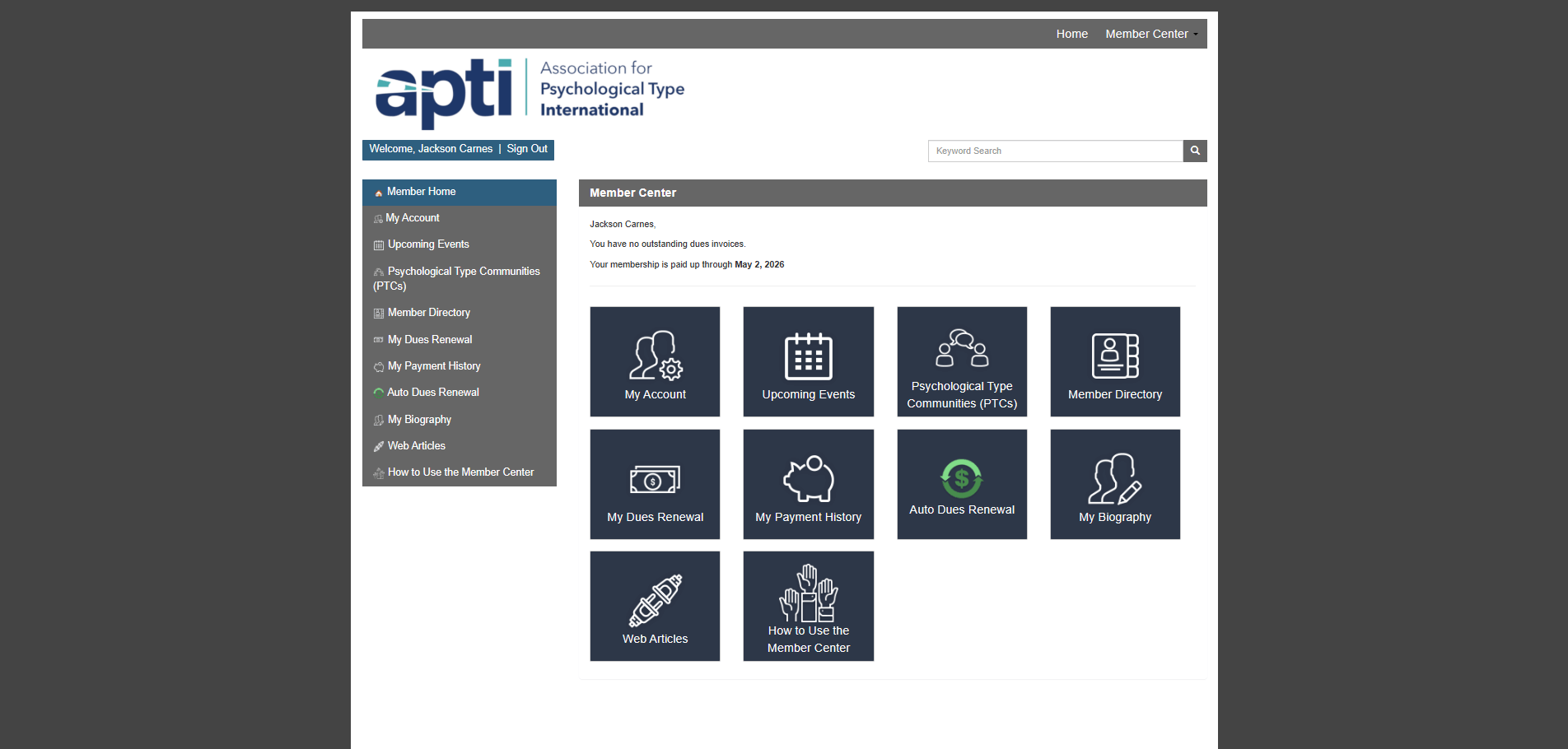 APTI Member Center dashboard with sidebar navigation and icon-based menu options, including My Account, Upcoming Events, Psychological Type Communities, Member Directory, Dues Renewal, Payment History, Auto Dues Renewal, Biography, Web Articles, and How to Use the Member Center.
