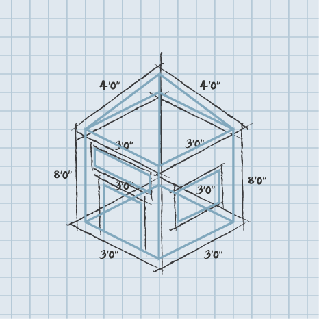 Blue grid background with drawing of house and measurements.
