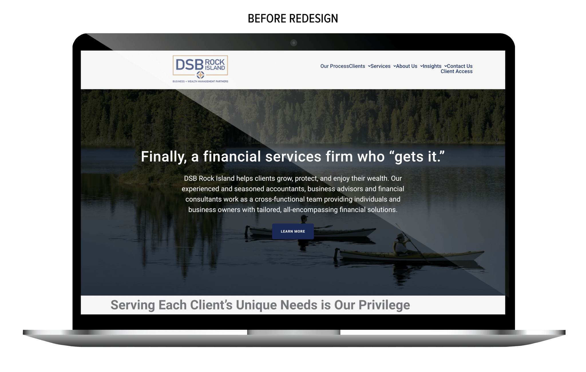 Old DSB Rock Island website shown on a laptop screen with a white and navy layout featuring a background image of a lake and kayakers. The page headline reads “Finally, a financial services firm who ‘gets it.’” with supporting text about business and wealth management services.