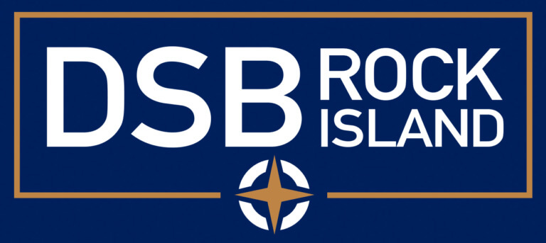 Logo for DSB Rock Island featuring bold white text on a dark blue background. The words “DSB” appear in large letters to the left, with “ROCK ISLAND” stacked to the right. A thin rectangular border surrounds the text, broken at the bottom by a gold and white compass emblem, symbolizing direction and connection.