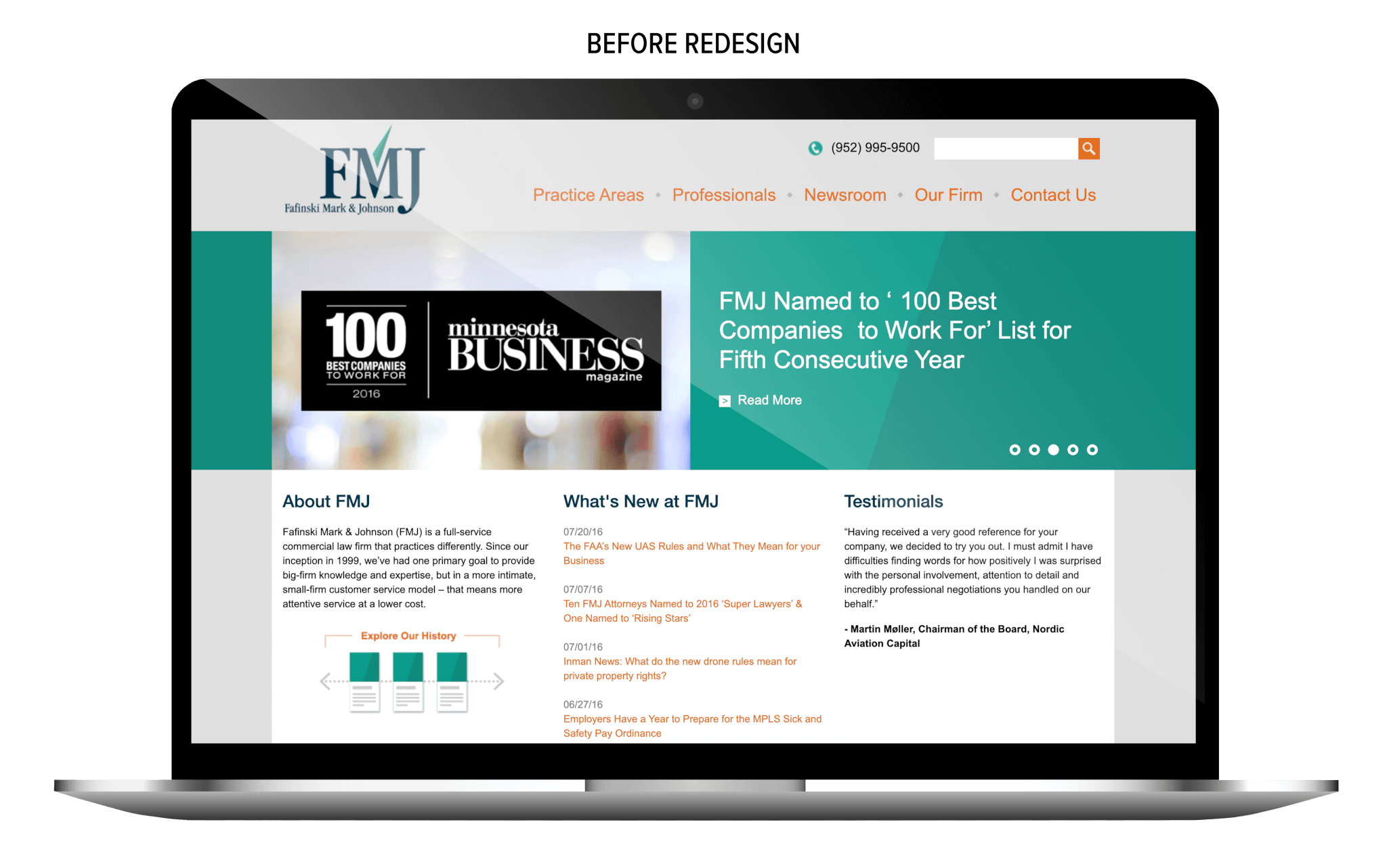 Old FMJ website on a laptop screen with a white and teal layout, featuring firm news, testimonials, and a banner about being named a “100 Best Companies to Work For.”