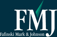 FMJ logo featuring large white initials “FMJ” with a green checkmark integrated into the letter “M,” and the text “Fafinski Mark & Johnson” below on a dark blue background.