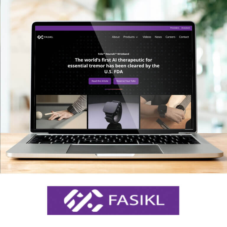 Laptop displaying the Fasikl website featuring the Felix™ NeuroAI™ Wristband, the world’s first FDA-cleared AI therapeutic for essential tremor, with purple accents and product images below. Fasikl’s purple logo is shown underneath.