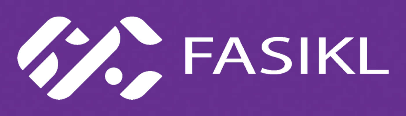 FASIKL logo featuring a stylized white geometric emblem made of diagonal and curved shapes forming an abstract “F” symbol, placed to the left of the word “FASIKL” in bold, modern white typography on a solid purple background.