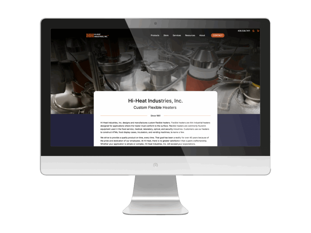 Redesigned Hi-Heat Industries website displayed on a computer screen, featuring a modern layout with an industrial background image, centered text box introducing the company and its custom flexible heaters, and a clean navigation bar with orange accents.