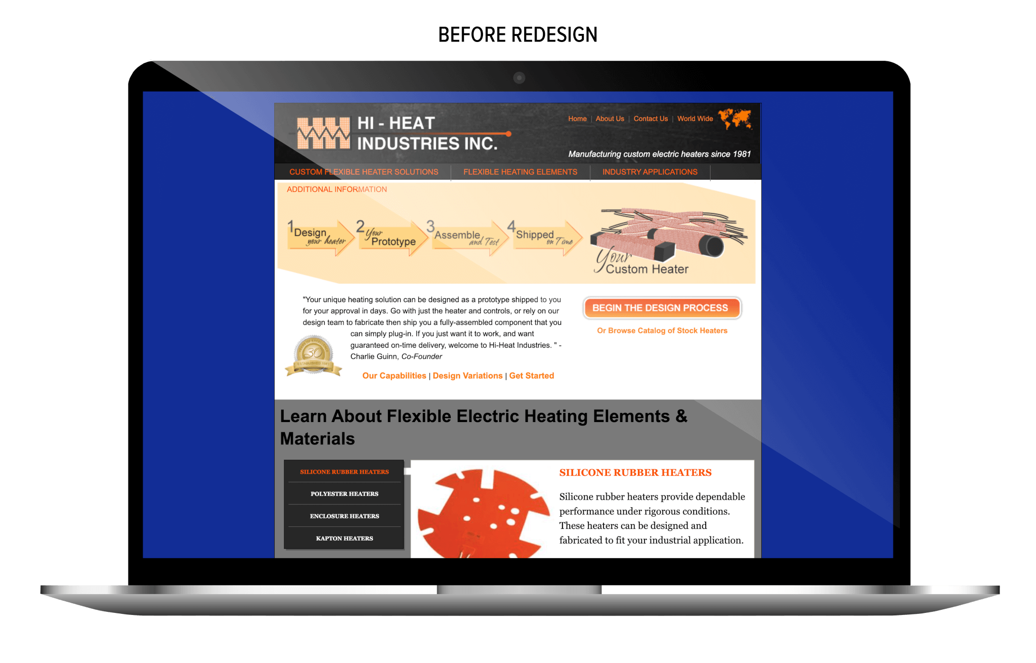 Old Hi-Heat Industries website on a laptop screen with an orange and gray layout, showing diagrams of heating elements and text about flexible electric heaters, featuring a dated design with dense content and multiple navigation tabs.