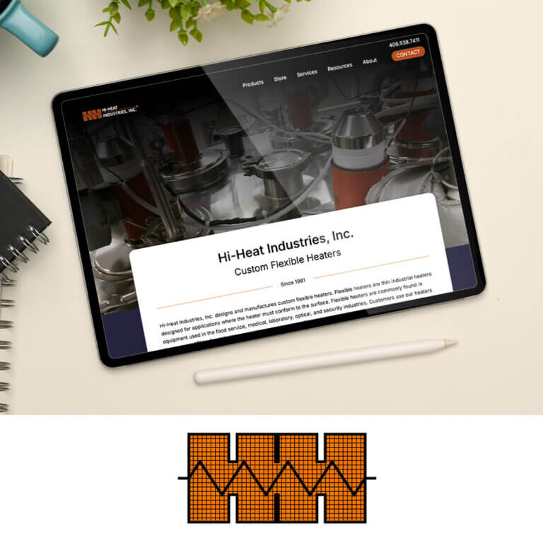 Tablet displaying the redesigned Hi-Heat Industries website with a modern orange and navy design highlighting “Custom Flexible Heaters.” The Hi-Heat logo, featuring a stylized waveform over an orange grid, is shown below.