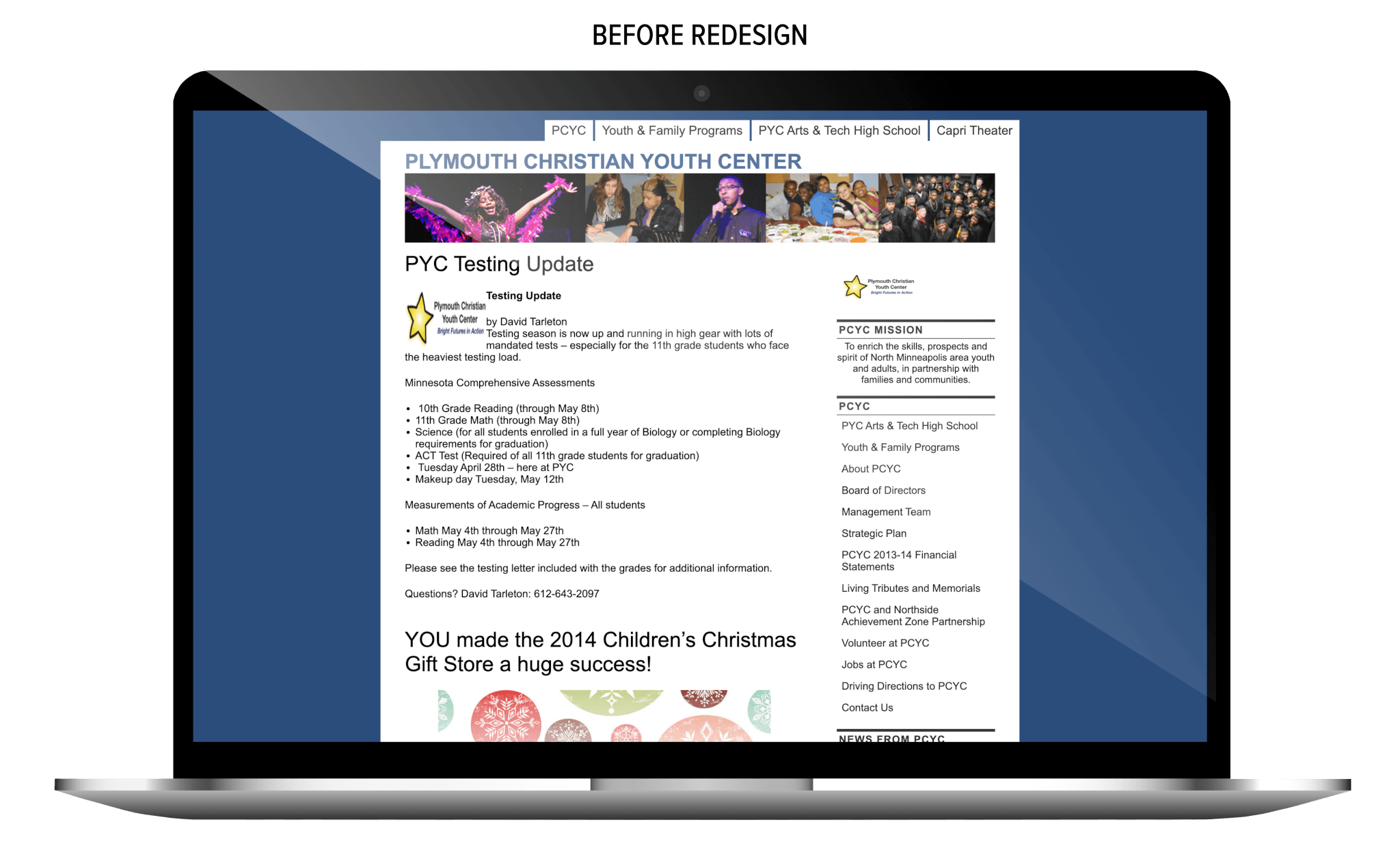Screenshot of the old PCYC website before ArcStone’s redesign. The previous design features a basic layout with dense text, small images, and minimal color contrast, using a narrow content area and outdated navigation.