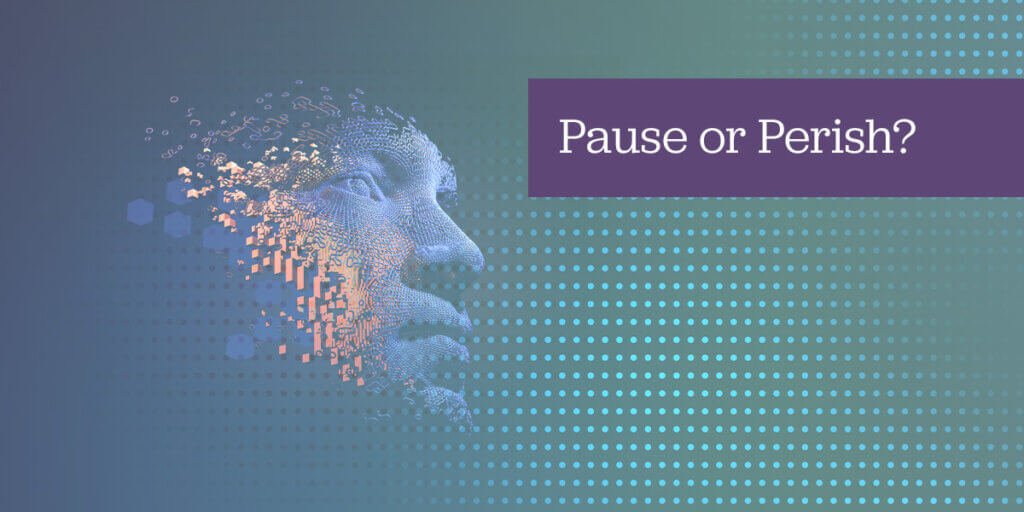 A stylized digital artwork of a human face dissolving into geometric data fragments, symbolizing the merging of humanity and artificial intelligence. The text “Pause or Perish?” appears in a purple rectangle to the right, emphasizing the urgent question of whether to slow AI development before it becomes uncontrollable.