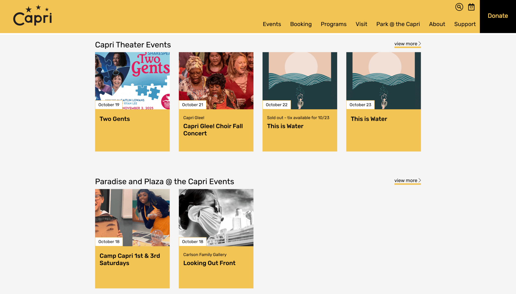 Screenshot of the Capri Theater events page featuring upcoming shows and community programs. Events include “Two Gents,” “Capri Glee! Choir Fall Concert,” “This is Water,” “Camp Capri 1st & 3rd Saturdays,” and the Carlson Family Gallery’s “Looking Out Front.” The site uses a bright yellow and black color palette with clean, accessible design.