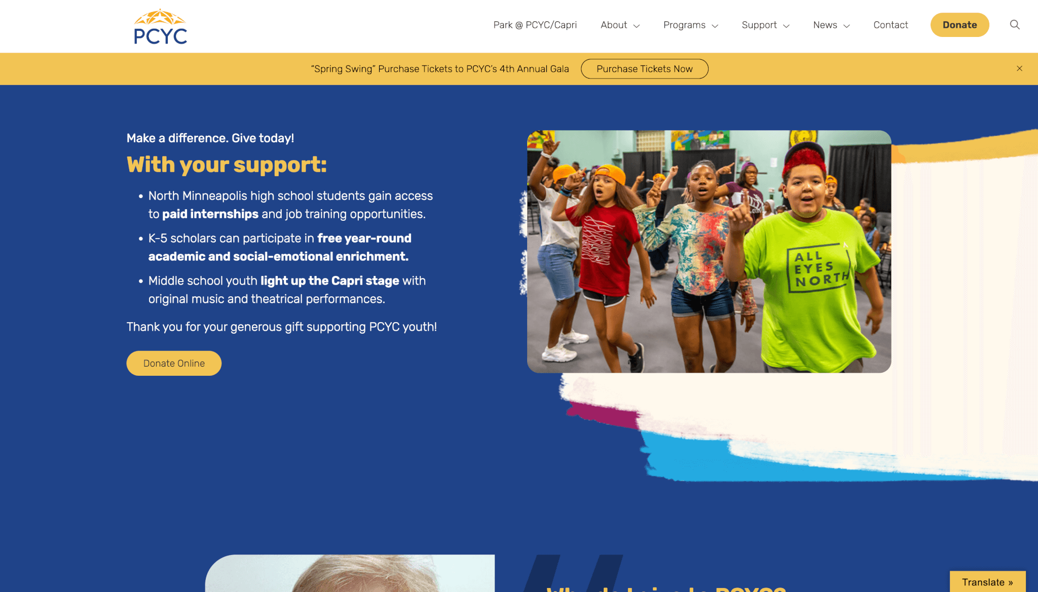 Screenshot of the PCYC website donation section featuring students performing on stage. The page highlights ways to support PCYC youth programs, with text emphasizing paid internships, free year-round enrichment, and creative performance opportunities. The design uses PCYC’s signature blue and gold color scheme.