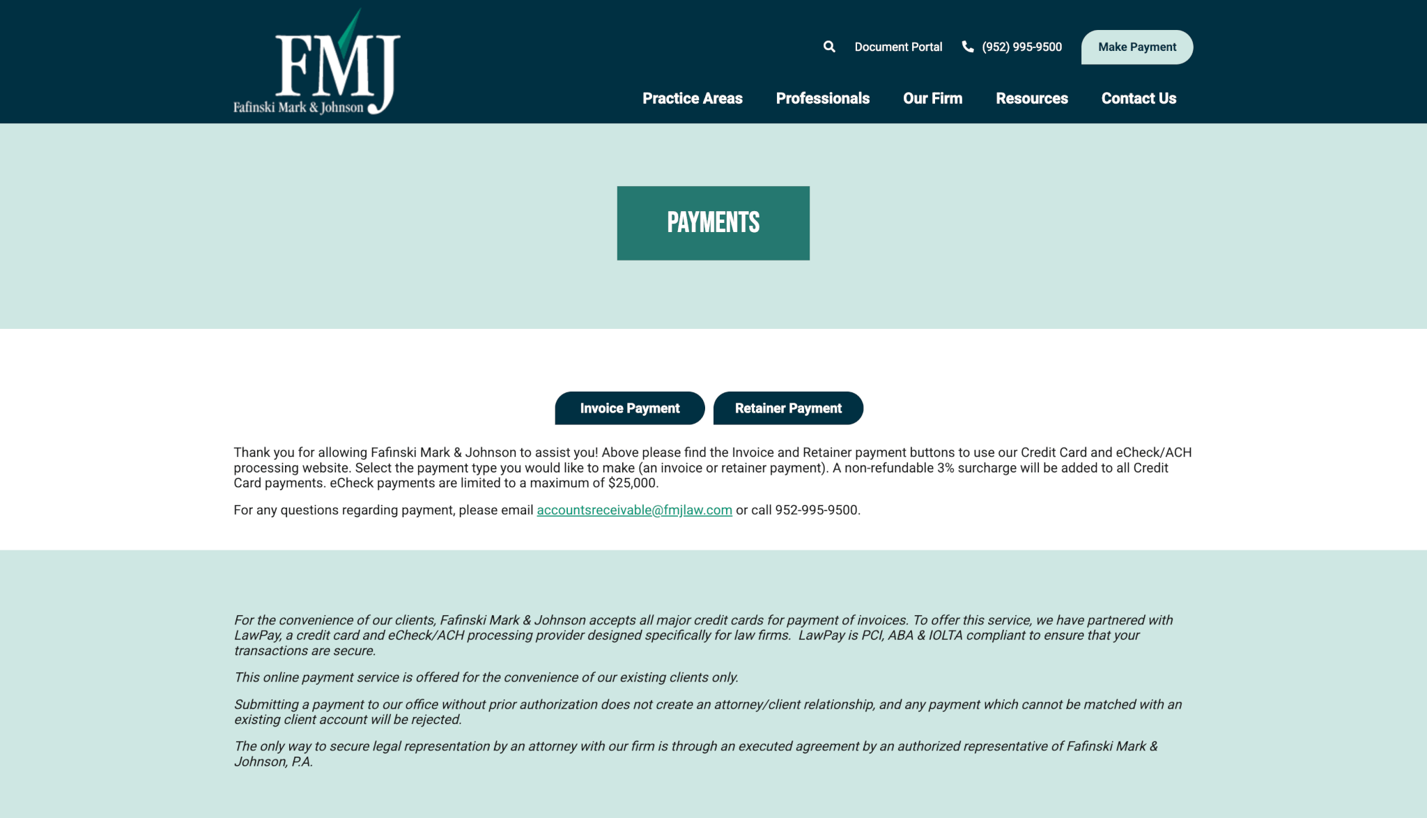 Redesigned FMJ payments webpage with a clean teal layout, clear “Payments” heading, and buttons for invoice and retainer payments under the firm’s modern navigation bar.
