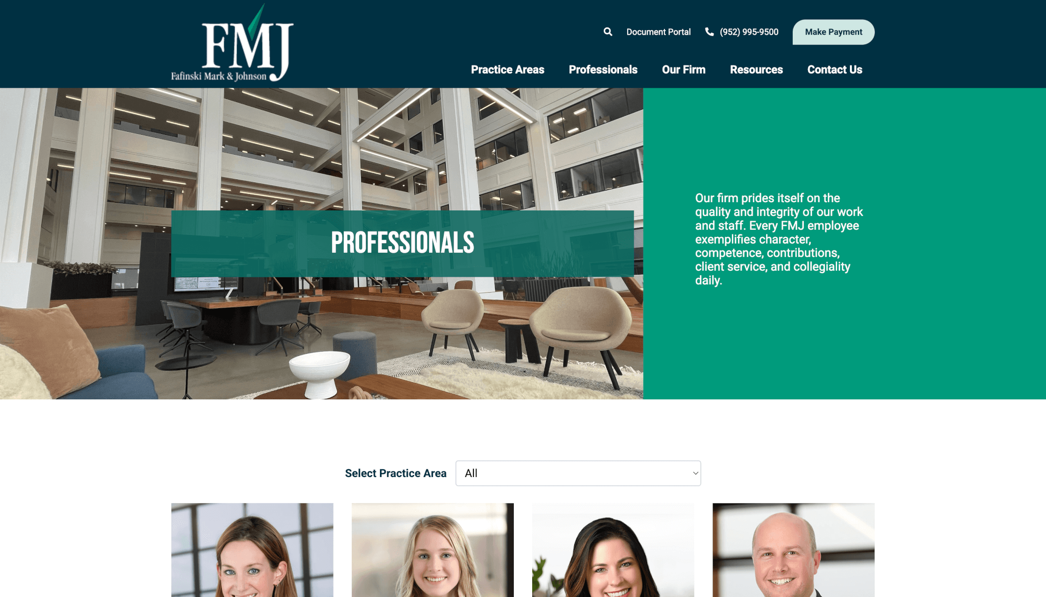 Redesigned FMJ “Professionals” webpage featuring a modern office background with the title “Professionals” overlaid in teal, a brief firm description to the right, and staff headshots displayed below with a dropdown filter for practice areas.