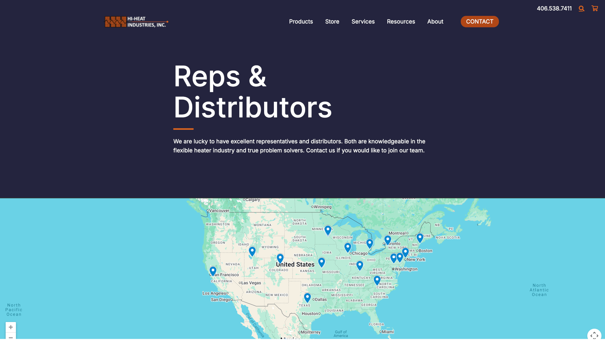 Redesigned Hi-Heat Industries “Reps & Distributors” webpage with a modern dark header, bold white typography, and a map of North America showing distributor locations marked with blue pins. The layout is clean and professional with orange accent elements and a simple navigation bar.
