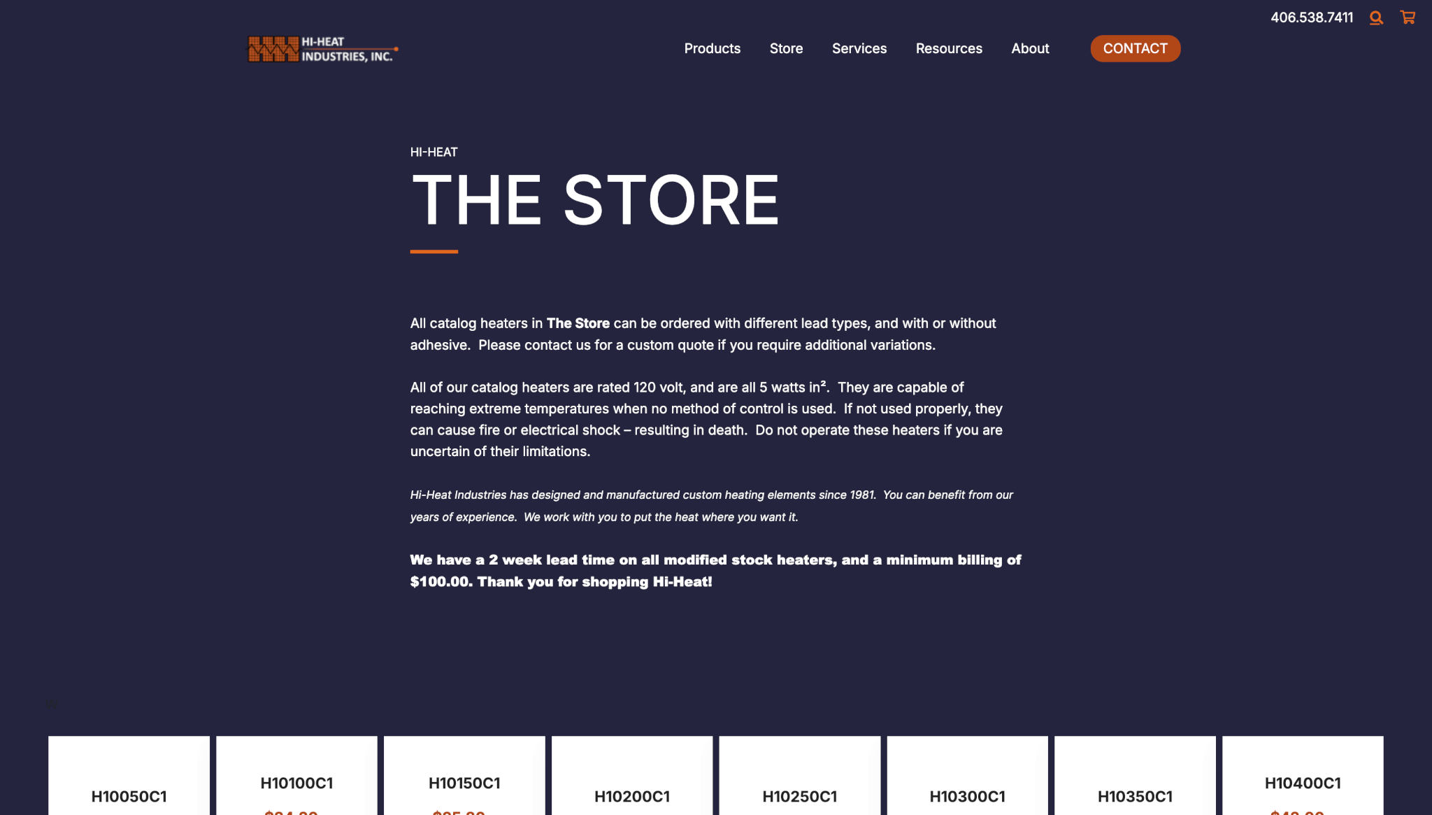 Redesigned Hi-Heat Industries “Store” webpage with a dark navy background, white text, and orange accents. The page features product information about catalog heaters, safety details, and a grid of heater model listings along the bottom.