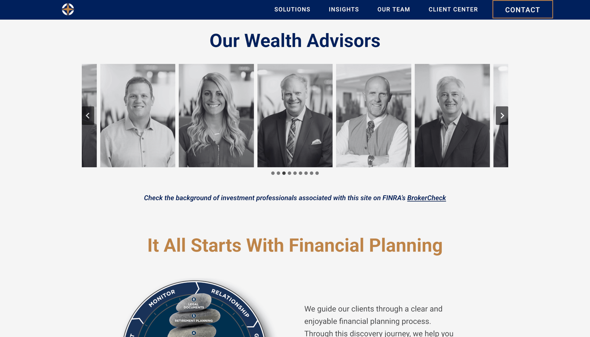 Redesigned DSB Rock Island “Our Wealth Advisors” webpage displaying black-and-white portraits of financial advisors in a clean, modern carousel layout with bold navy headers and a note linking to FINRA’s BrokerCheck.