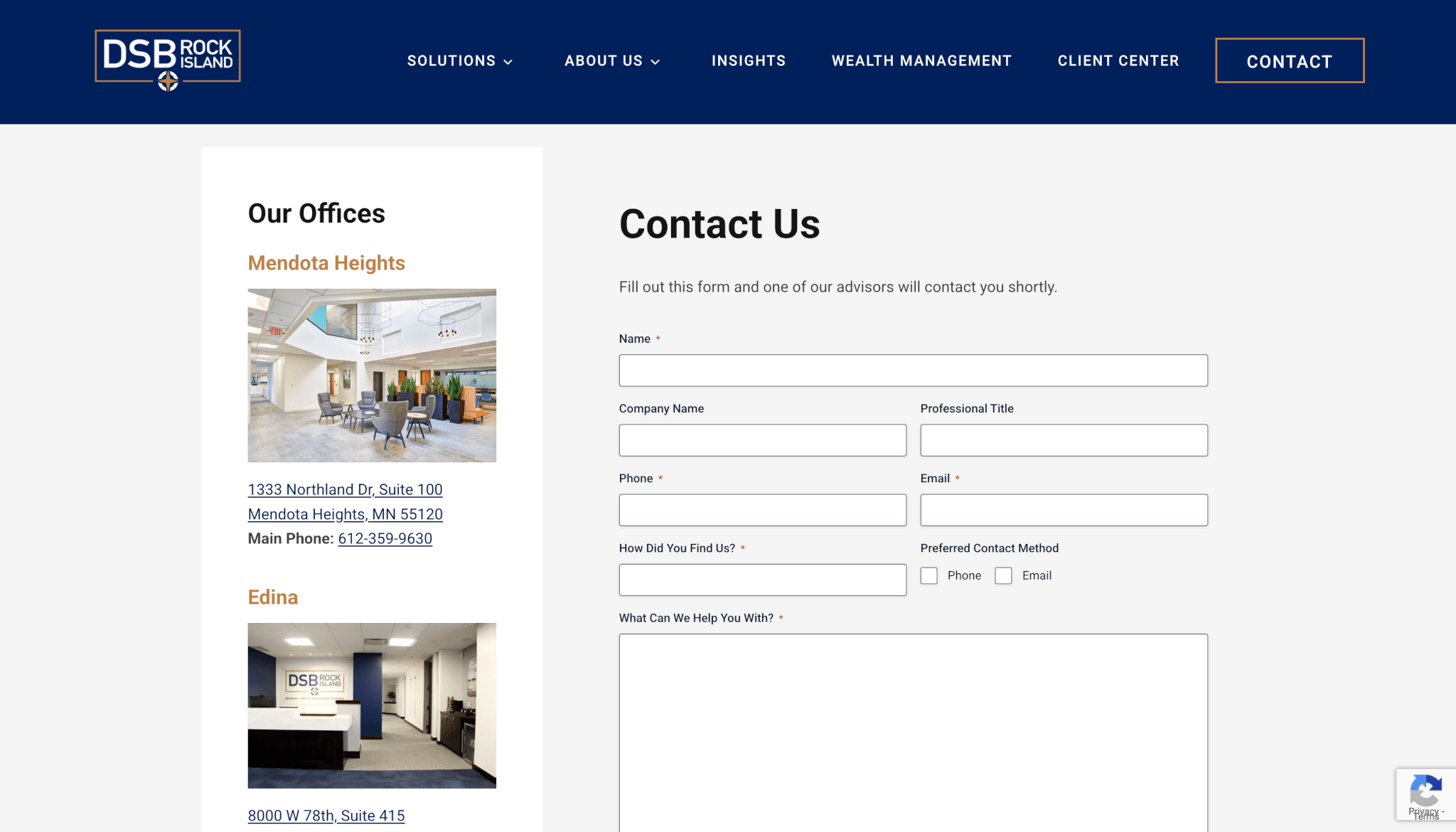 Redesigned DSB Rock Island “Contact Us” webpage with a professional form for inquiries alongside photos and addresses of the Mendota Heights and Edina offices, styled in a clean navy and white layout with orange accents.