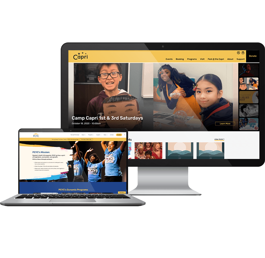 Mockup showing responsive website designs for Capri Theater and PCYC. The Capri Theater site appears on a desktop monitor, featuring images of smiling kids and bright yellow branding. The PCYC site appears on a laptop screen, highlighting youth programs with a blue and gold color palette.
