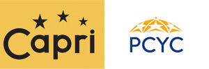 Side-by-side logos of the Capri Theater and PCYC (Plymouth Christian Youth Center). The Capri logo features three stars above the word “Capri” in black on a gold background, and the PCYC logo features a stylized golden umbrella dome over blue text on a white background.