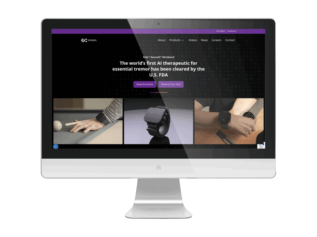Desktop computer mockup displaying the redesigned Fasikl website by ArcStone. The screen shows the homepage featuring the Felix™ NeuroAI™ Wristband with the headline “The world’s first AI therapeutic for essential tremor has been cleared by the U.S. FDA.” The new interface uses a sleek black and purple color palette, modern typography, and product imagery of the wearable device in real use cases such as playing pool and guitar.