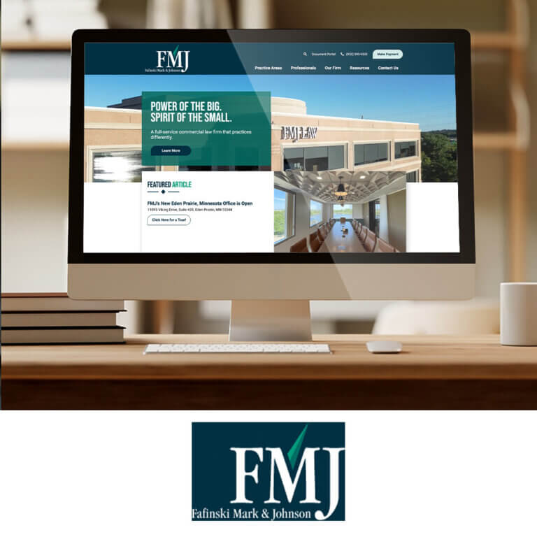 FMJ Law website displayed on a desktop computer after ArcStone’s redesign, showcasing a modern professional interface with the firm’s teal branding and logo.