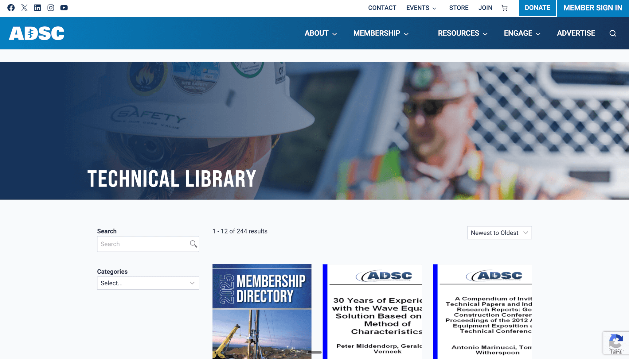 ADSC Technical Library webpage showing a header image of construction workers and safety gear, a search bar, category filter, and a grid of research publications and membership directories.