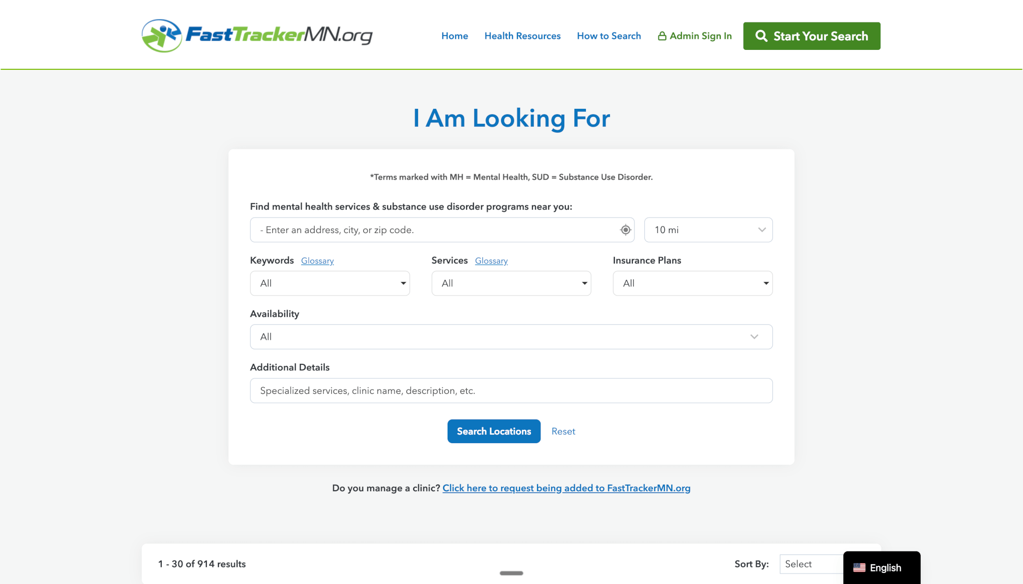 FastTrackerMN mental health and SUD service search page with filters for location, keywords, services, insurance, availability, and a ‘Search Locations’ button.
