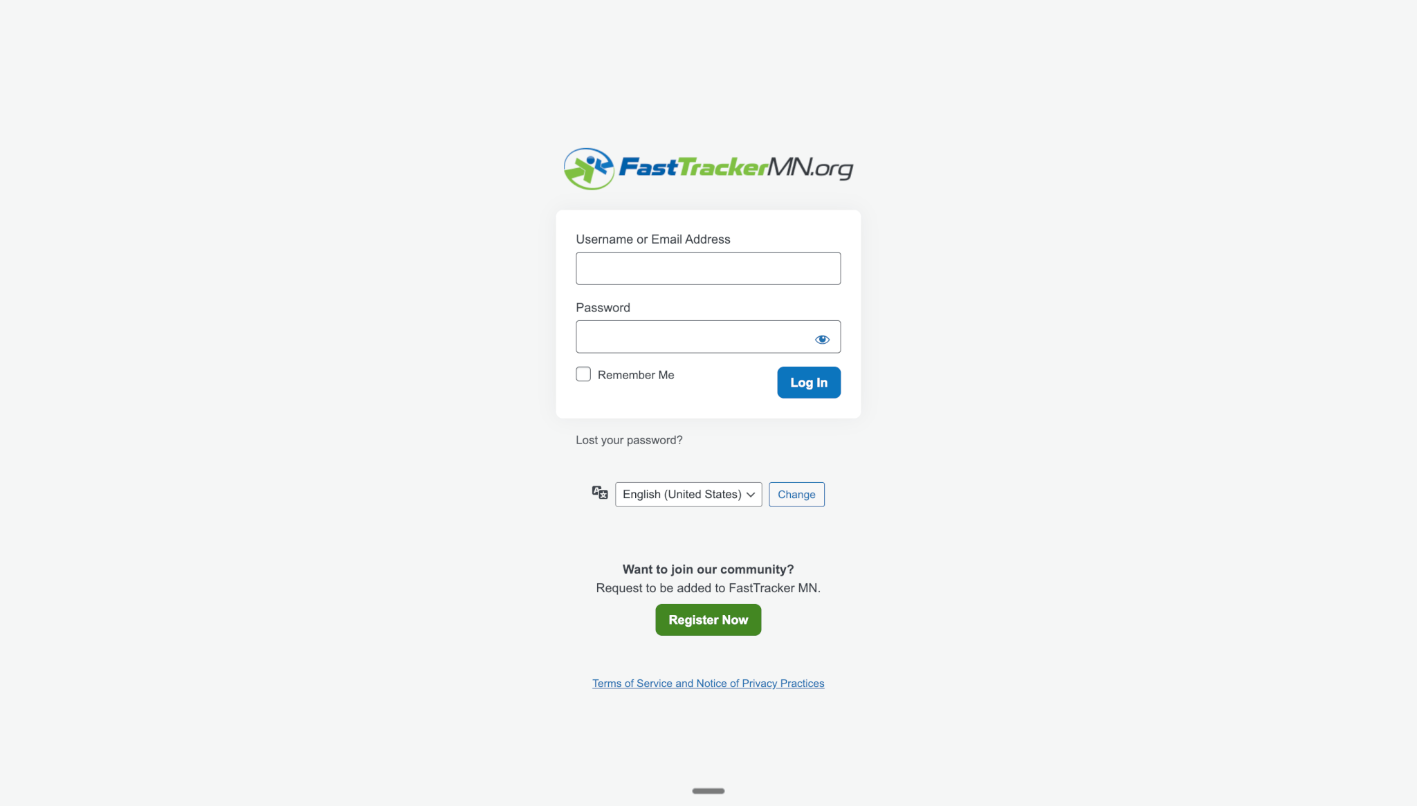 FastTrackerMN login page with username and password fields, a ‘Log In’ button, and a ‘Register Now’ option for new providers.