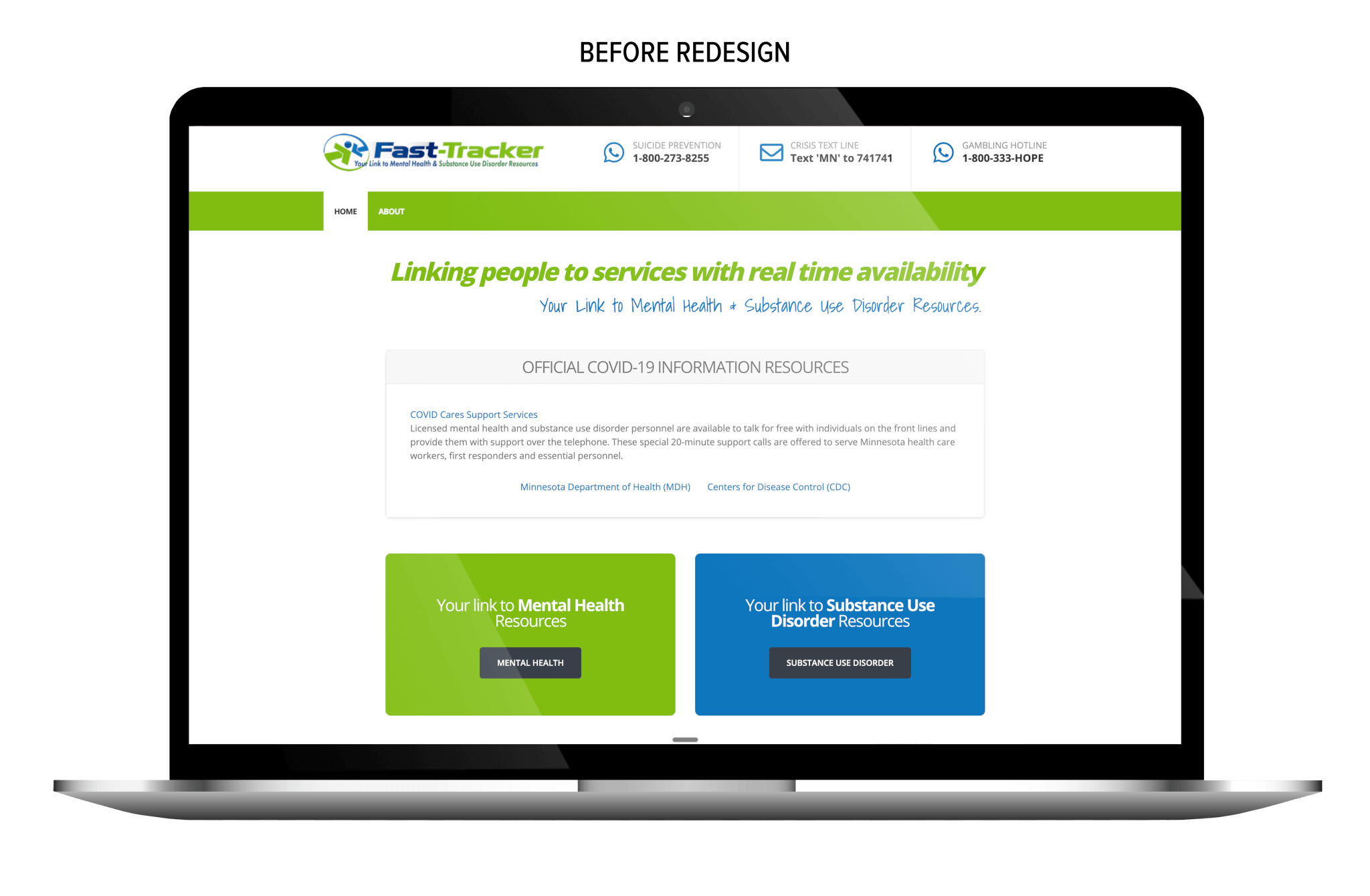 Fast-Tracker’s pre-redesign webpage displayed on a laptop, showing hotline numbers and links to mental health and substance use disorder resources.