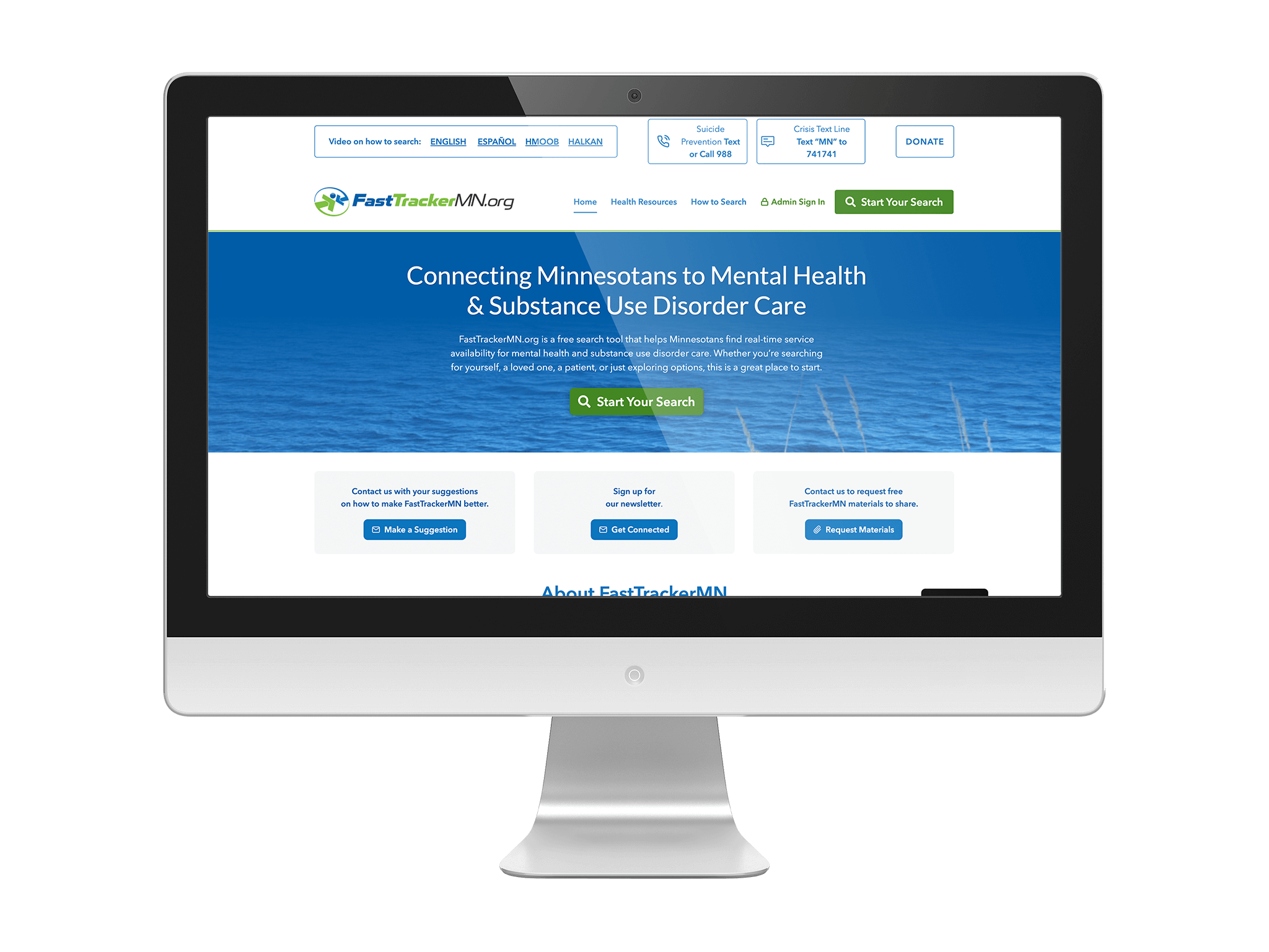 Redesigned FastTrackerMN website displayed on a desktop screen, featuring a clean blue header, hotline information, and a prominent ‘Start Your Search’ button for mental health and substance use care.