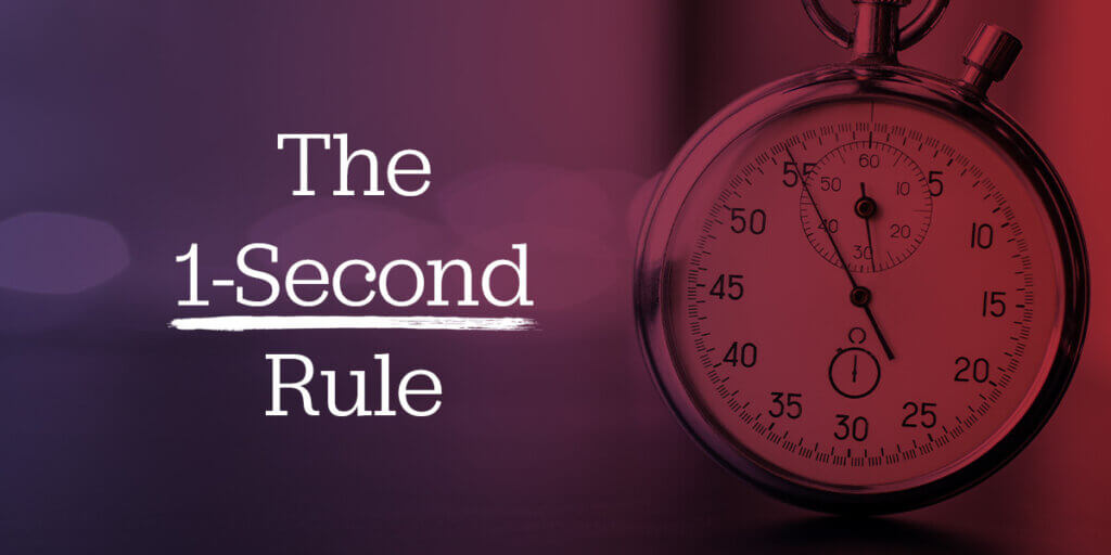 Graphic showing a stopwatch on a purple and red background with the text ‘The 1-Second Rule,’ emphasizing the importance of speed.