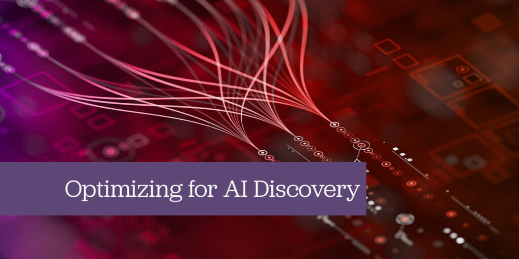 Abstract visualization of data flows and connected nodes representing AI discovery and large language model optimization.