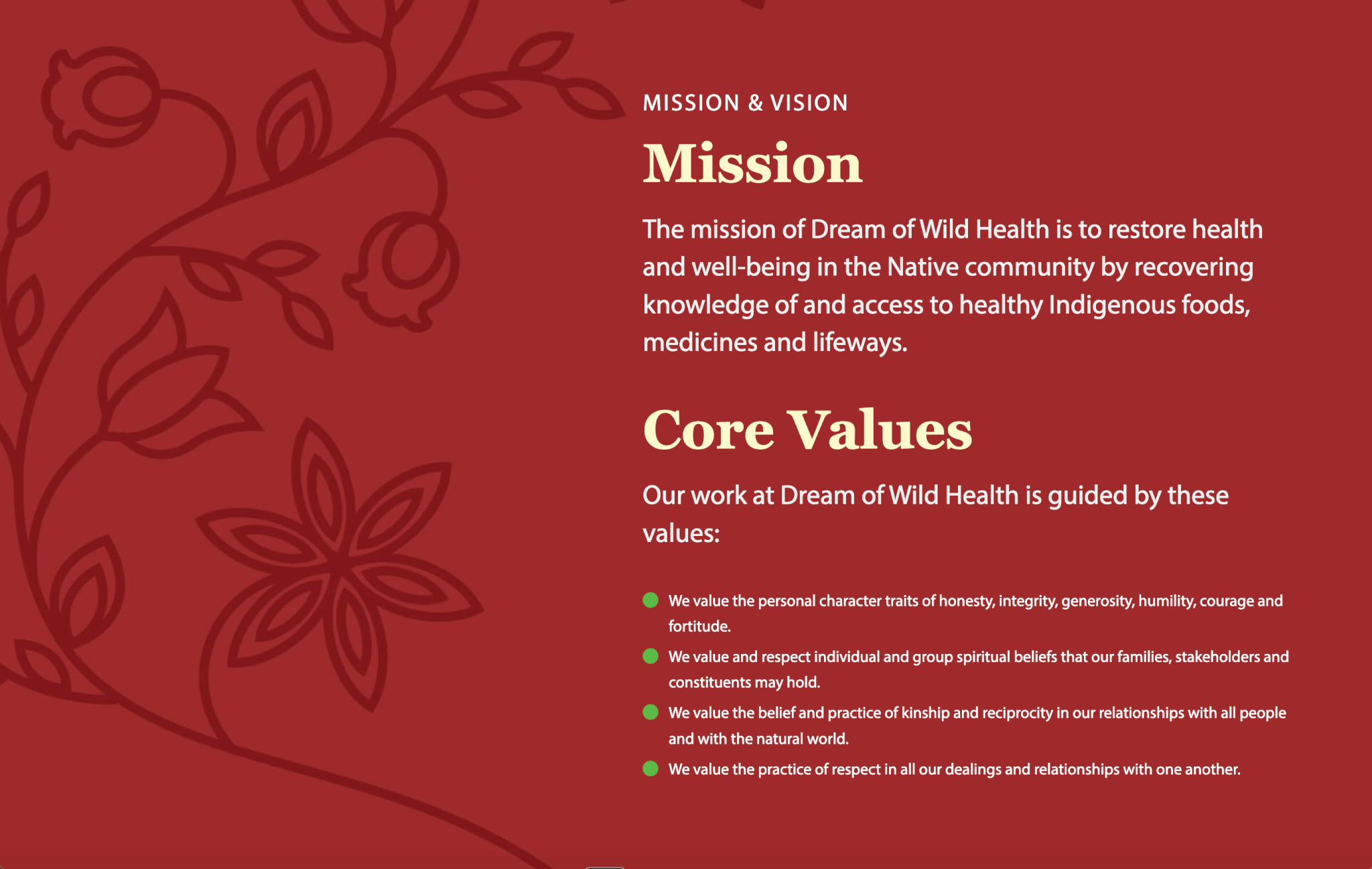 Dream of Wild Health mission and core values page with red background, floral illustrations, and text describing Indigenous health, knowledge, and community values.