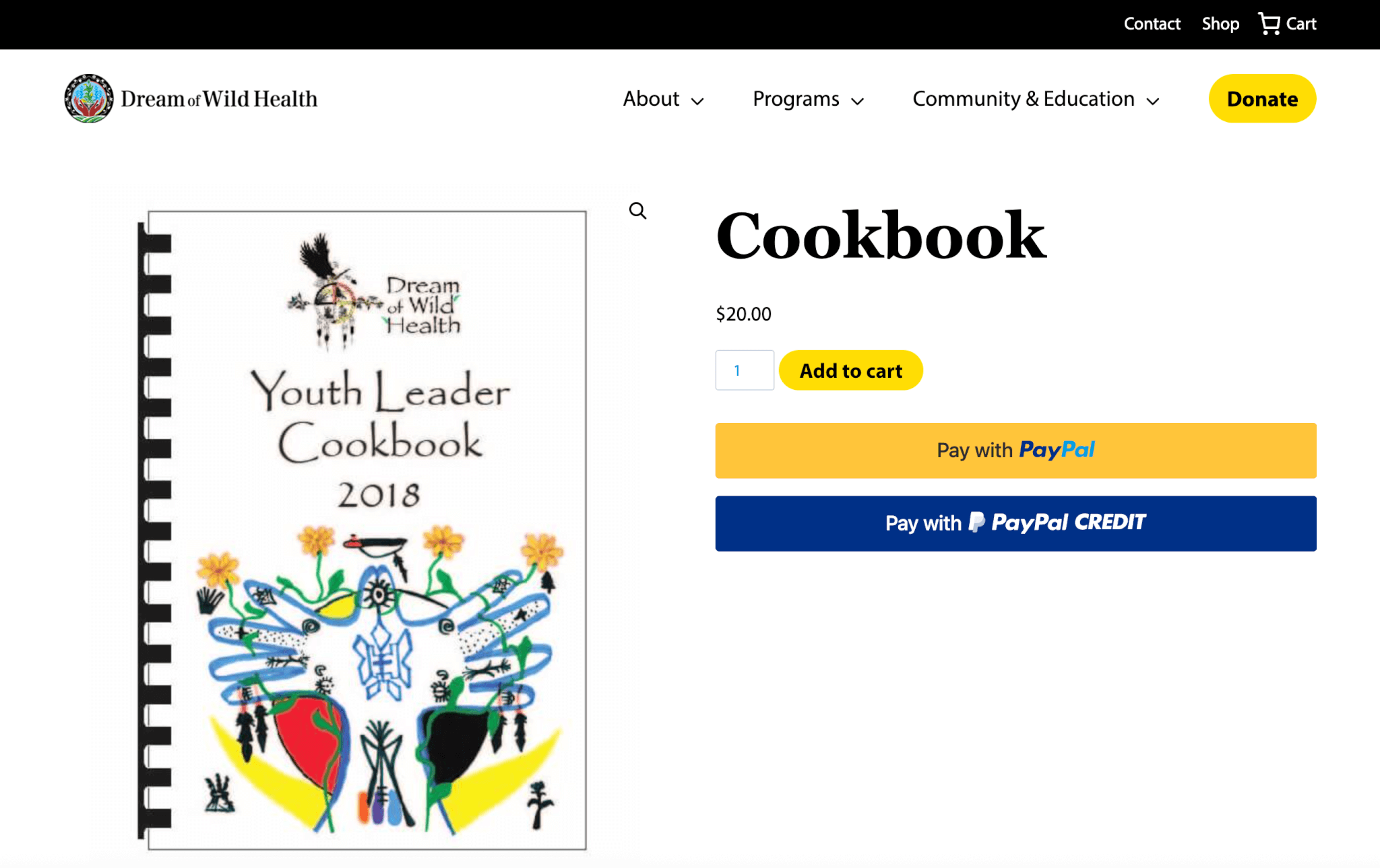 Dream of Wild Health cookbook product page featuring the Youth Leader Cookbook cover, price, and add-to-cart and PayPal purchase options.