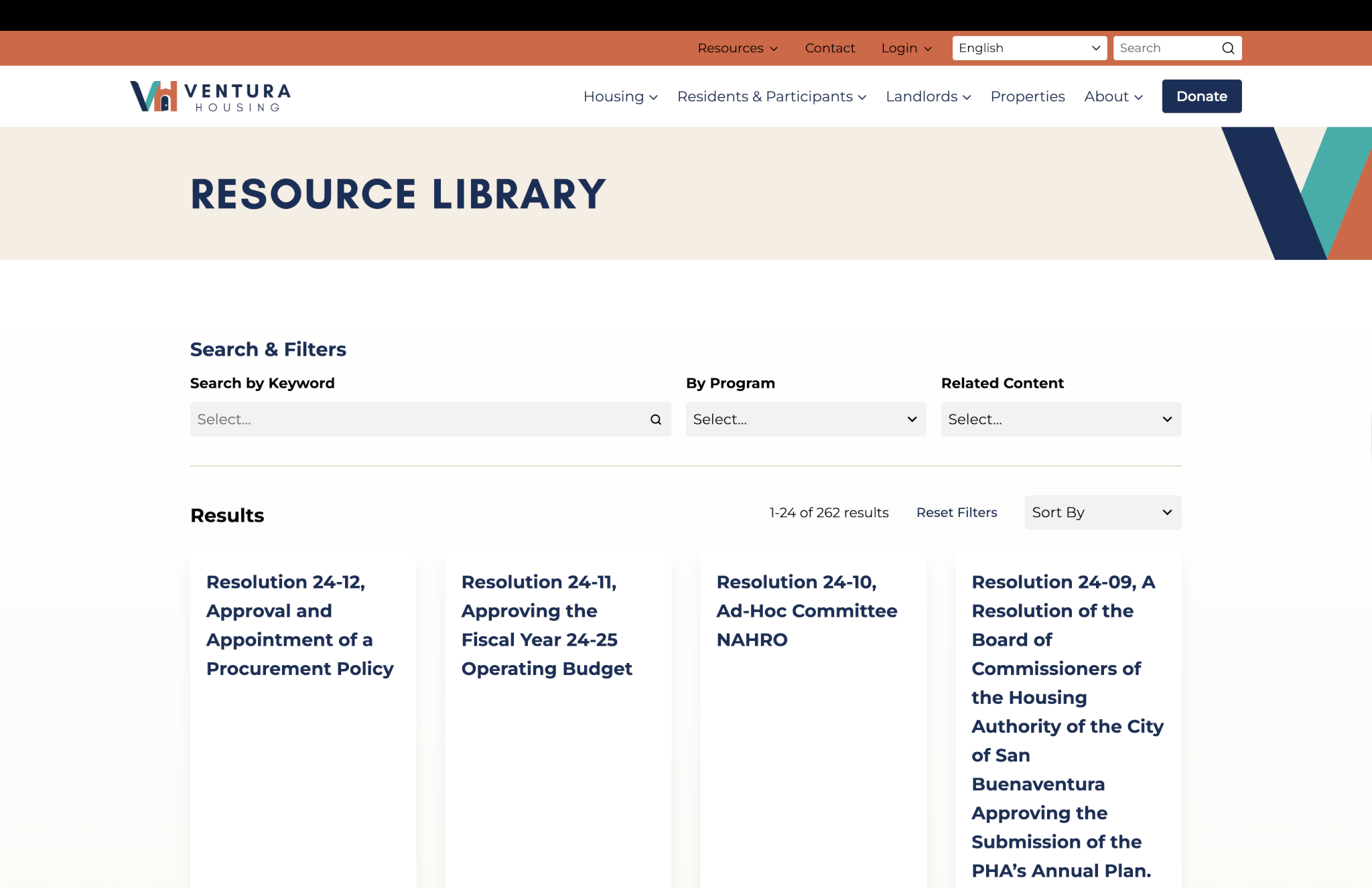 Ventura Housing's website's resource library following ArcStone's redesign