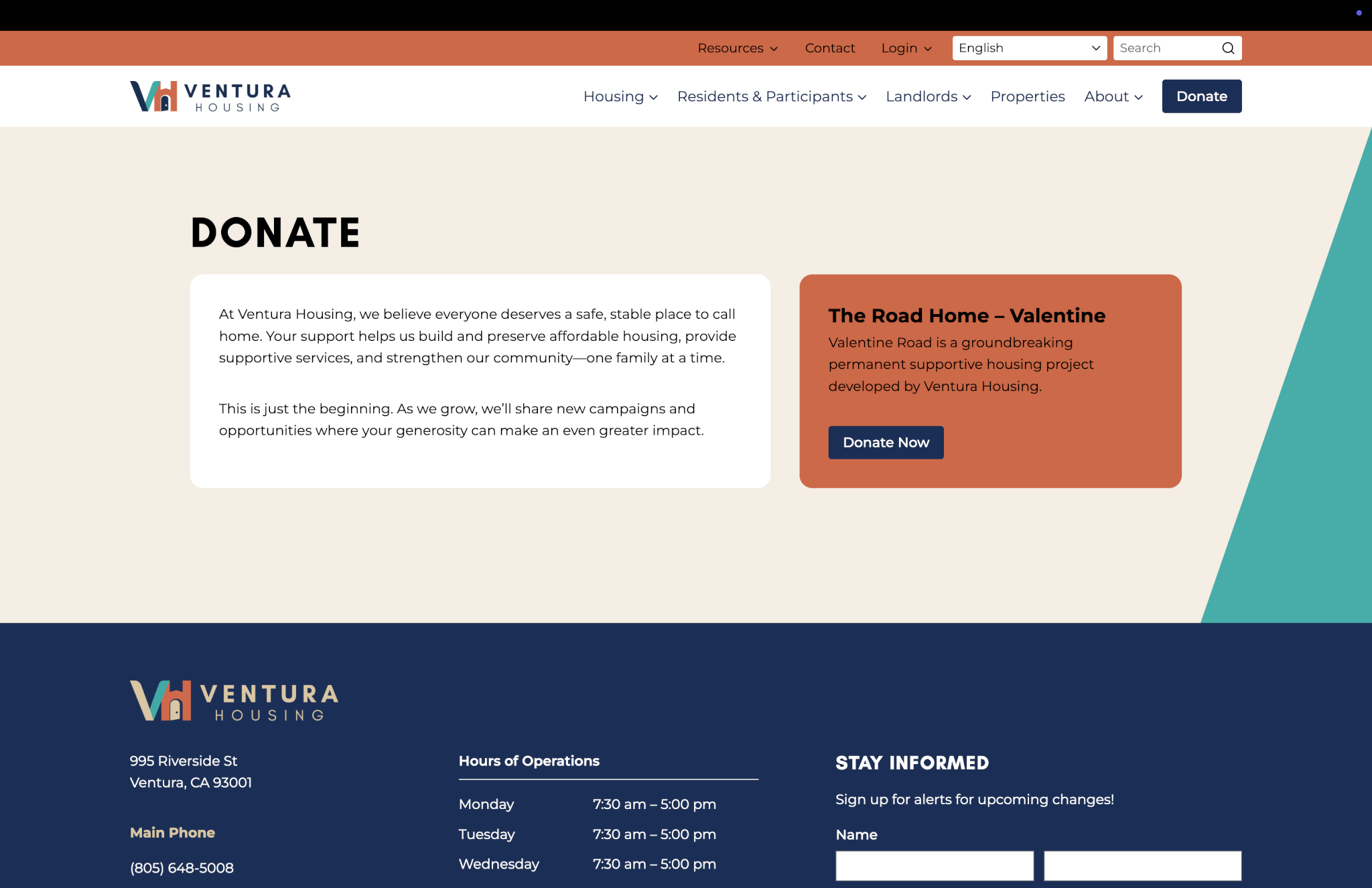 Ventura Housing donate page after ArcStone's redesign