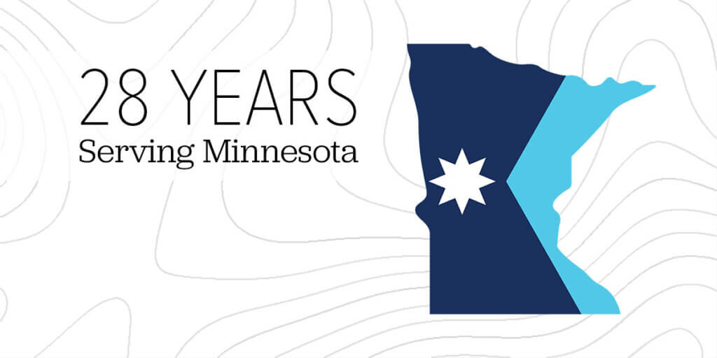 28 Years Serving Minnesota with stylized Minnesota map and subtle contour lines background