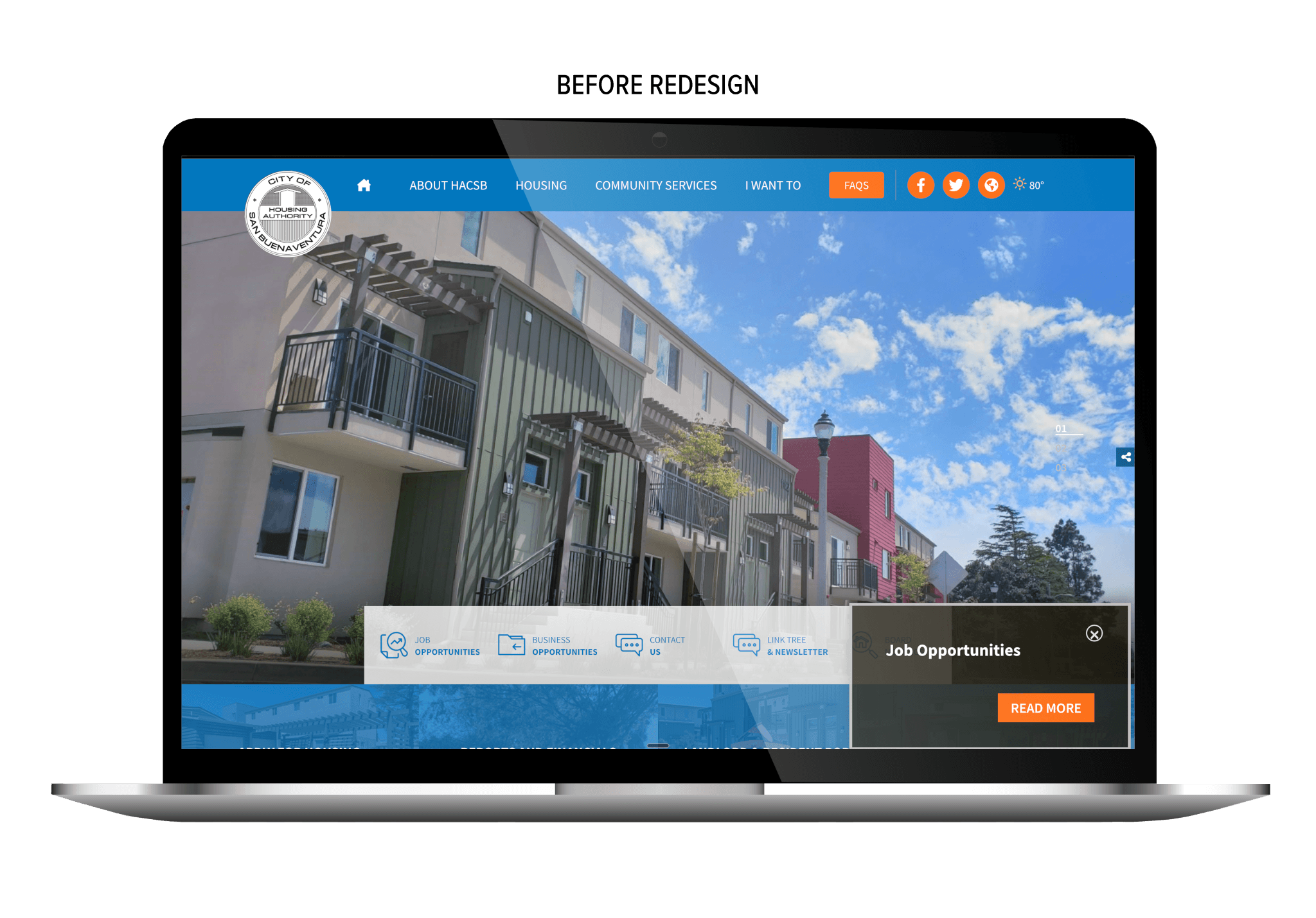 HACSB website homepage before redesign, featuring blue navigation, hero property photo, and quick links.