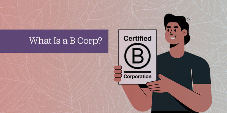 Illustration of a person holding a Certified B Corporation sign with the text “What Is a B Corp?” on a purple banner.