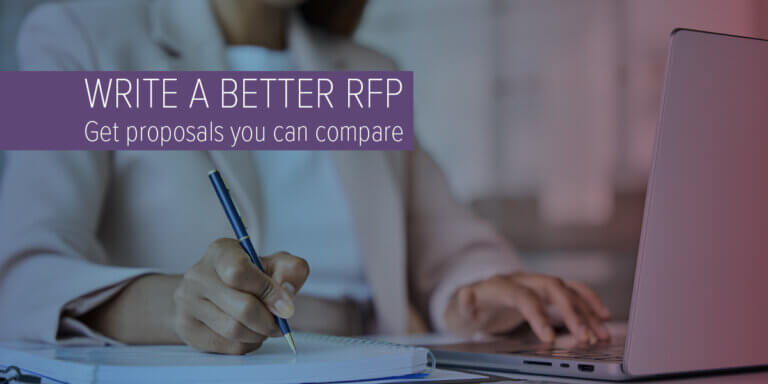 Person writing notes in a notebook while using a laptop, with overlay text reading ‘Write a Better RFP – Get proposals you can compare.’