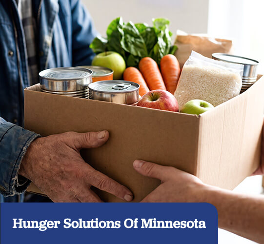Person receiving a box of groceries (canned food, rice, fruits, vegetables) from another person.
