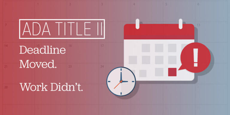 Calendar with red-highlighted date 26 next to a clock and warning icon, illustrating the ADA Title II deadline change